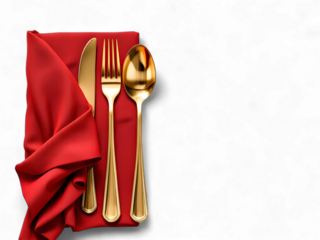 Elegant gold cutlery with red linen napkin, ideal for sophisticated restaurant menus and high end dining experiences, a luxurious table setting