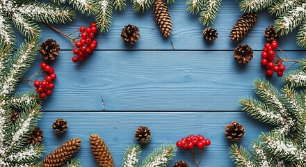 Festive frame of frosted pine boughs, natural pine cones, and red berries against blue wood texture