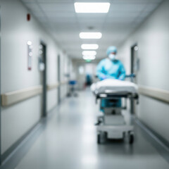 Medical professional pushing stretcher in blurred hospital corridor