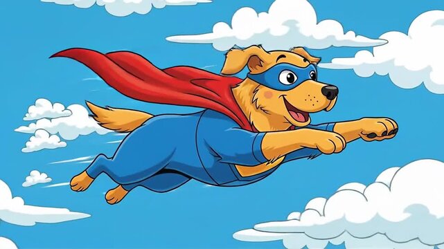 Animated superhero dog flying through the sky with cape and mask for kids cartoon