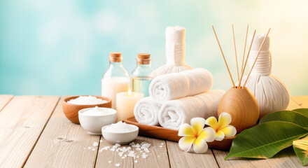 Spa essentials arranged on wooden table with towels, oils, and flowers, creating a serene atmosphere for relaxation and wellness experience