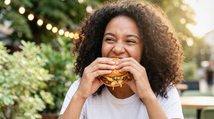 Young woman with curly hair joyfully enjoying a delicious burger outdoors, surrounded by greenery and warm ambient lighting, capturing a moment of happiness