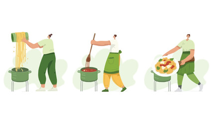 Fototapeta premium People cooking pasta in pots stirring sauce and serving a delicious italian meal