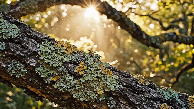 Close-up of lichen on tree branch with sunlight