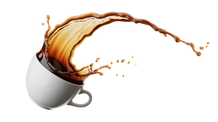 Dynamic coffee splash from white cup, morning energy boost, perfect for cafe promotion, breakfast menu, and coffee break ads, invigorating start to the day