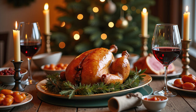 Roast turkey on festive table with wine and candles during Christmas  