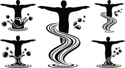 Black silhouette of a person with water elements in various designs