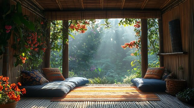 Tropical sanctuary with sunbeams and lush greenery high resolution image - Powered by Adobe
