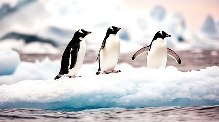 Obraz premium Three penguins standing on ice floe high resolution image