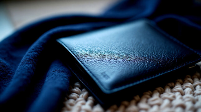 Close-up of a blue leather wallet with prominent texture, metal zipper, and neat stitching on a blurred dark background with copy space.