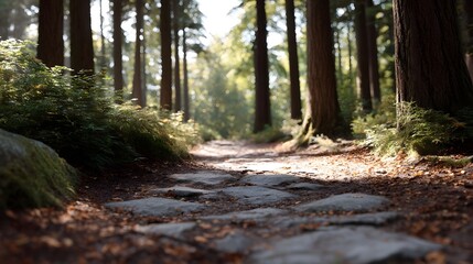 Fototapeta premium A stone path winds through a sun d d forest with tall trees and lush undergrowth