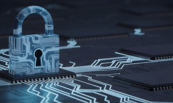Cybersecurity lock icon protecting digital data on circuit board for business safety