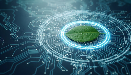 Embrace sustainable technology with this vibrant green leaf atop a modern circuit board