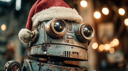 Vintage robot adorned with a Santa hat, illuminated by warm festive lights, creating a joyful holiday atmosphere
