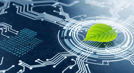 Innovative technology concept showing green leaf on a modern circuit board design