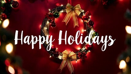 A festive holiday scene with a glowing wreath and "HAPPY HOLIDAYS" text in a warm, decorative style.