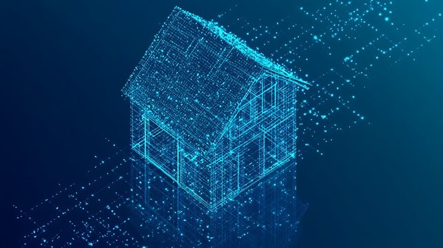 Digital blueprint of a house in futuristic blue light high resolution image