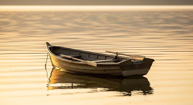Solitary wooden rowboat floating on calm golden water at sunset.