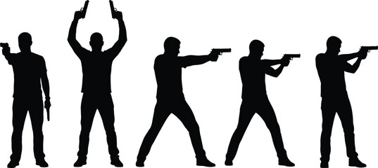 Set of black silhouettes of men with guns, criminal aiming pistol, police officer shooting, vector illustration isolated on white background.