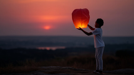 Child releasing a glowing sky lantern at sunset Description A young child standing on a hill at sunset, lifting a glowing sky lantern toward the fading red sky. The warm lantern li
