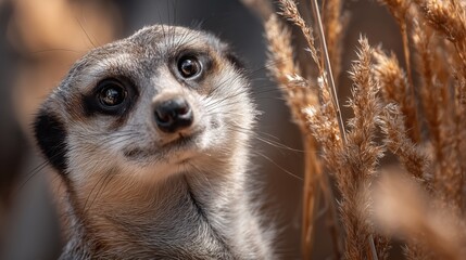 Fototapeta premium A close-up of a meerkat in a natural setting, surrounded by dry grass. The meerkat has a curious expression and bright eyes, showcasing its distinctive features.