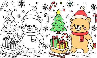 Cute christmas bear set with gifts in a winter wonderland colorful illustration festive environment whimsical viewpoint