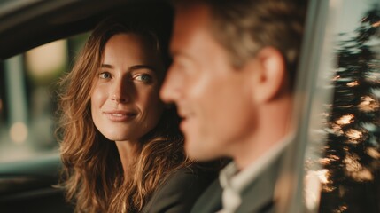Fototapeta premium A young Caucasian woman with wavy brown hair smiles at a middle-aged Caucasian man in a car. The scene captures a moment of connection between them.