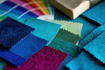 Fototapeta premium Fabric samples. Colorful bright fabric sampling of furniture, clothing upholstery. Palette guide different colors. Collection. Multicolor texture background. Catalog of multicolored cloth. Color guide