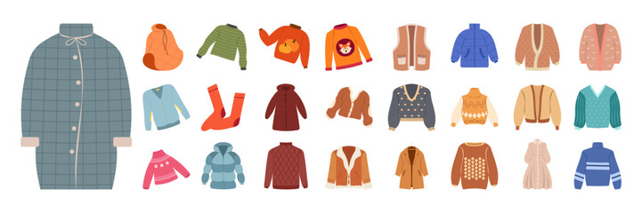 Colorful winter clothes, including hats, scarves, gloves, sweaters and coats set