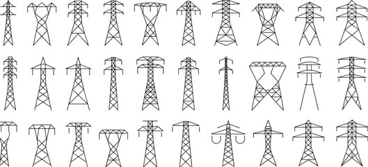 Collection of line art illustrations of different electricity transmission towers Keywords: electricity pylon, power tower