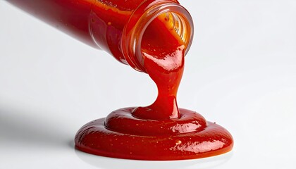 Red sauce pouring from a bottle, creating a circular puddle on a white surface