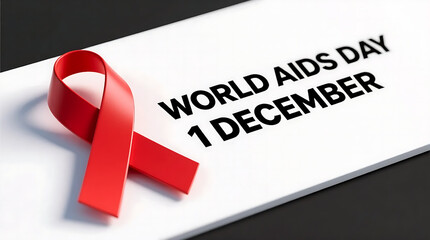 Aids awareness ribbon on white background with world aids day 1 december text, symbolizing support for people living with hiv and aids isolated on white background
