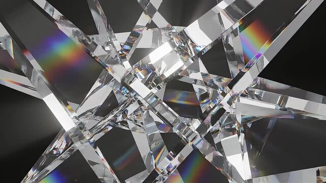 Sparkling crystal glass shards, rainbow refractions, broken light, prismatic fragments, geometric shapes