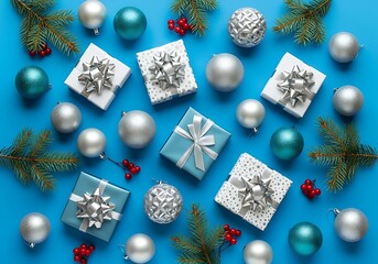 Modern Christmas background showing wrapped gifts, baubles, and red berries scattered on blue