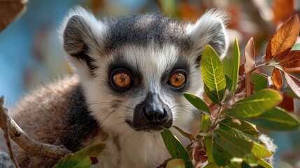 Obraz premium A close-up of a ring-tailed lemur sitting among green leaves. The lemur has large orange eyes and a distinctive black and white face.