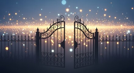 Fototapeta premium Ornate open gates with glowing particles and a fence at dusk