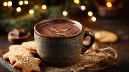 Cozy winter scene with hot chocolate and cookies, perfect for Christmas and festive gatherings, evoking warmth and comfort.