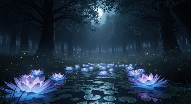Enchanted forest pond with glowing lotus flowers under moonlight