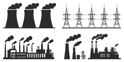 Set of industrial factory and power plant icons with cooling towers and smoke stacks vector illustration