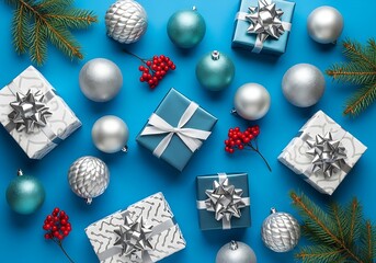 Modern Christmas background showing wrapped gifts, baubles, and red berries scattered on blue
