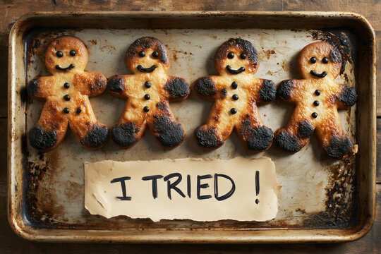 Burnt charred gingerbread men cookies on a dirty baking sheet and handwritten paper note that reads I tried, holiday mishap, baking concept.