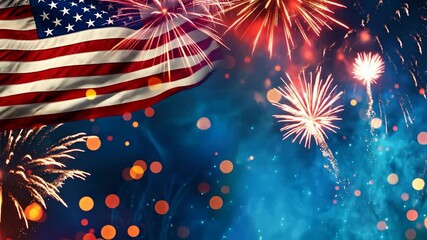 Vibrant fireworks illuminate the night sky with an American flag waving, celebrating a patriotic holiday.