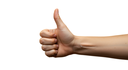 A close up of a human hand giving a thumbs up on transparent background.