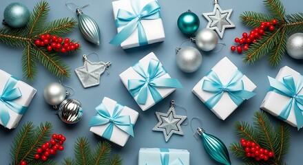 Modern Christmas background showing wrapped gifts, baubles, and red berries scattered on blue
