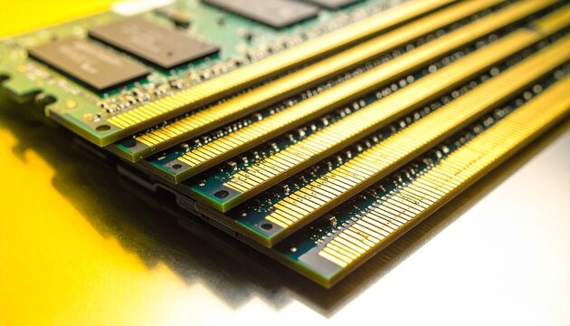 重ねられたコンピューターメモリモジュールの金色の接続ピンが鮮やかに輝くテクノロジーの表現