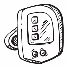 Hand drawn sketch of a digital device with buttons and screen silhouette isolated on white background