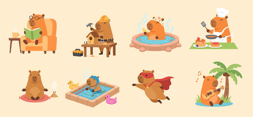 Cute pixel capybaras enjoying various hobbies and daily activities set collection