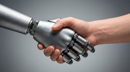 Close up of metallic robot hand shaking human hand isolated on grey background for artificial intelligence cooperation concept