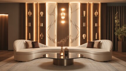 Luxurious curved sofa arrangement in a modern, warmly lit interior