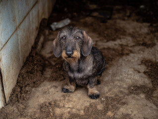 Small wire-haired dog sitting on dirty floor in dim, rough environment looking up plaintively.